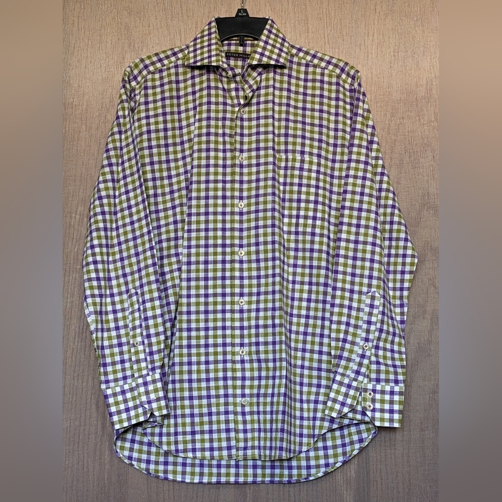 ☘️Peter Millar Gingham Long Sleeve Button Up Shirt Purple/Olive Size Medium